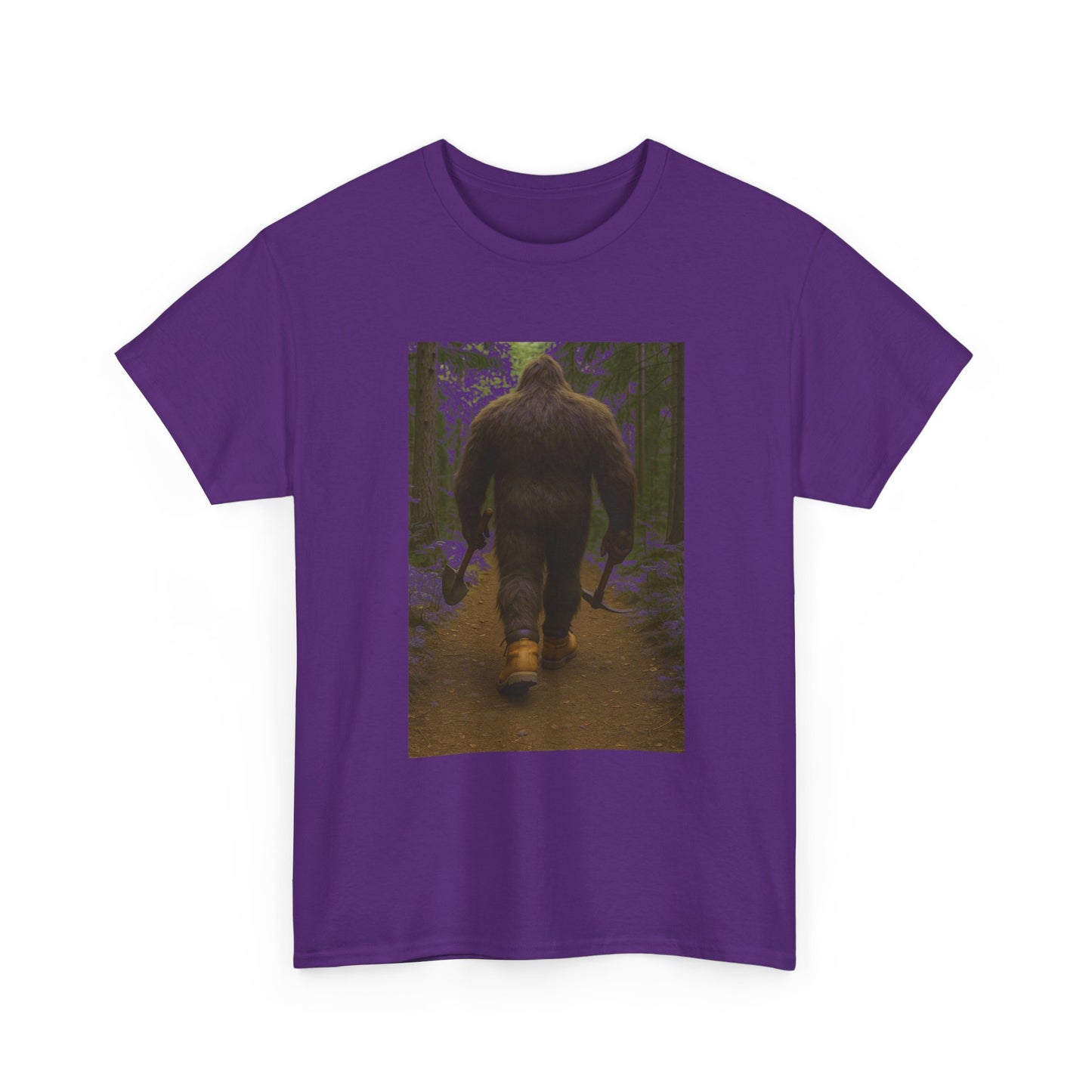 Sasquatch Work Boots Tee – Bigfoot Walking with Shovel & Pickaxe Funny T-Shirt