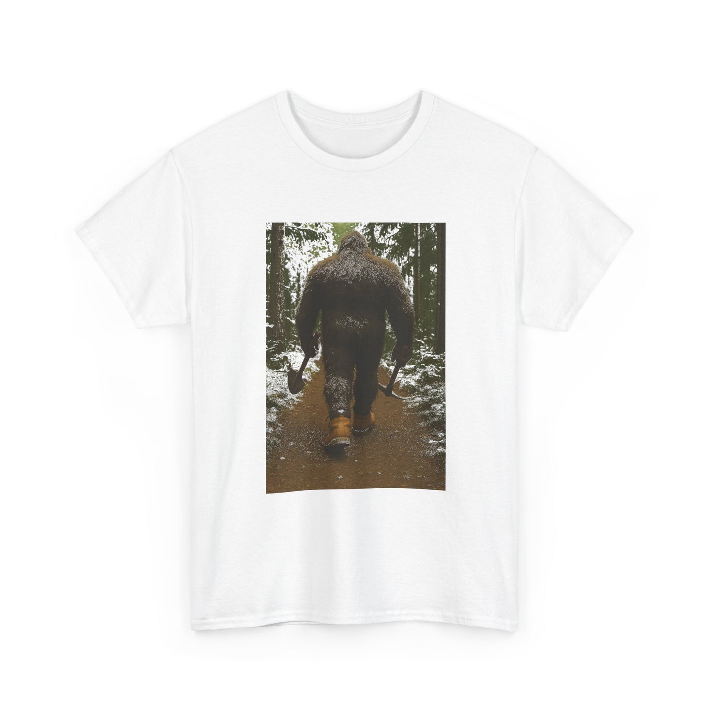 Sasquatch Work Boots Tee – Bigfoot Walking with Shovel & Pickaxe Funny T-Shirt