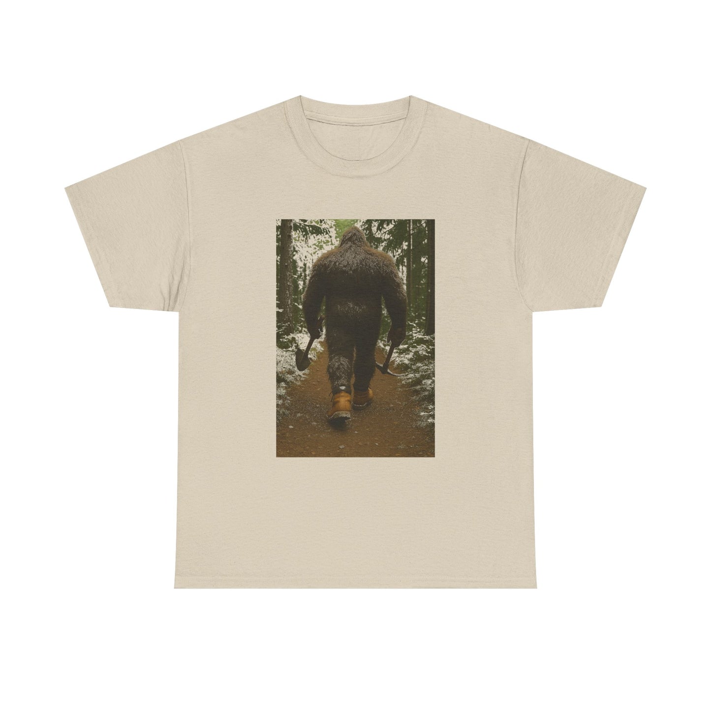 Sasquatch Work Boots Tee – Bigfoot Walking with Shovel & Pickaxe Funny T-Shirt