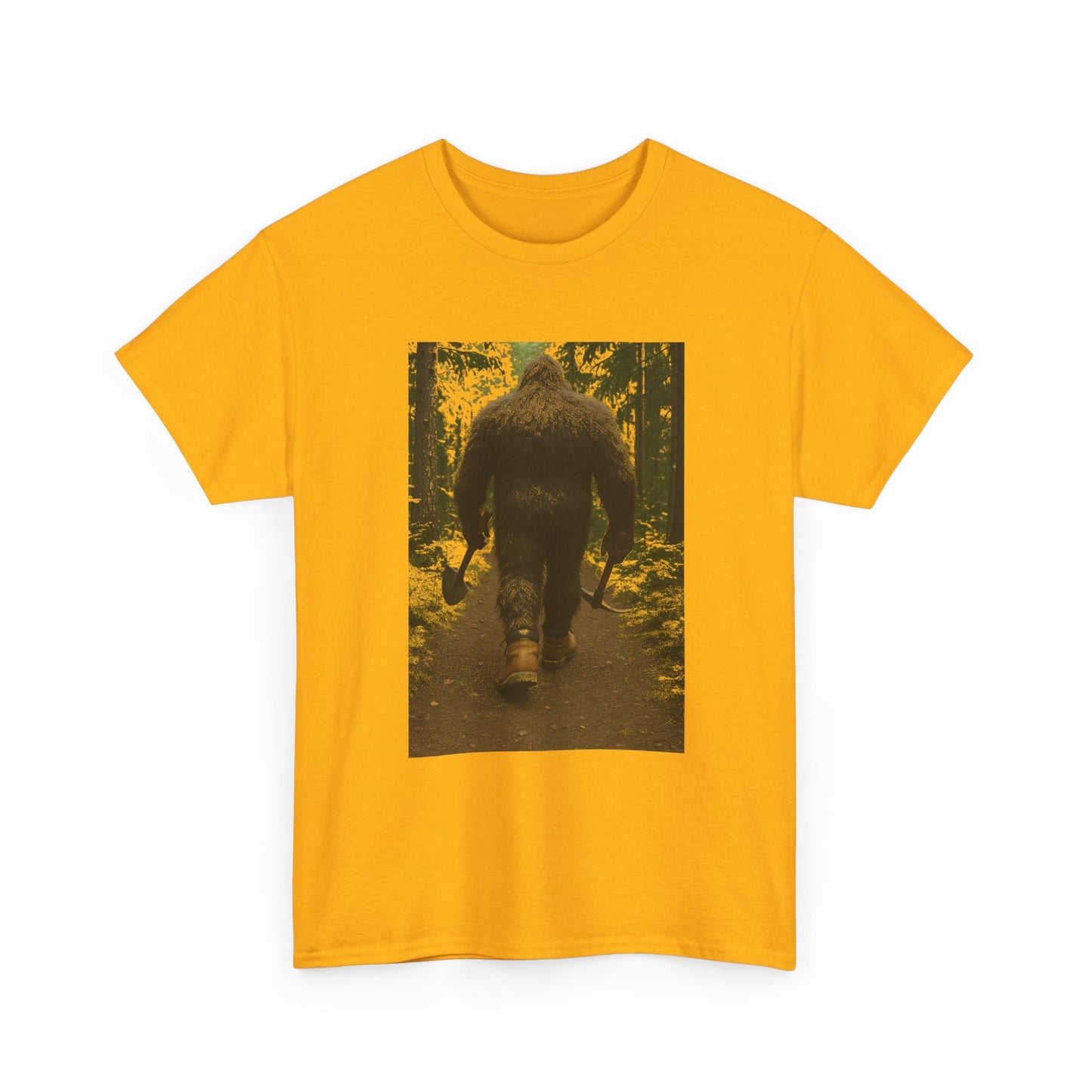 Sasquatch Work Boots Tee – Bigfoot Walking with Shovel & Pickaxe Funny T-Shirt