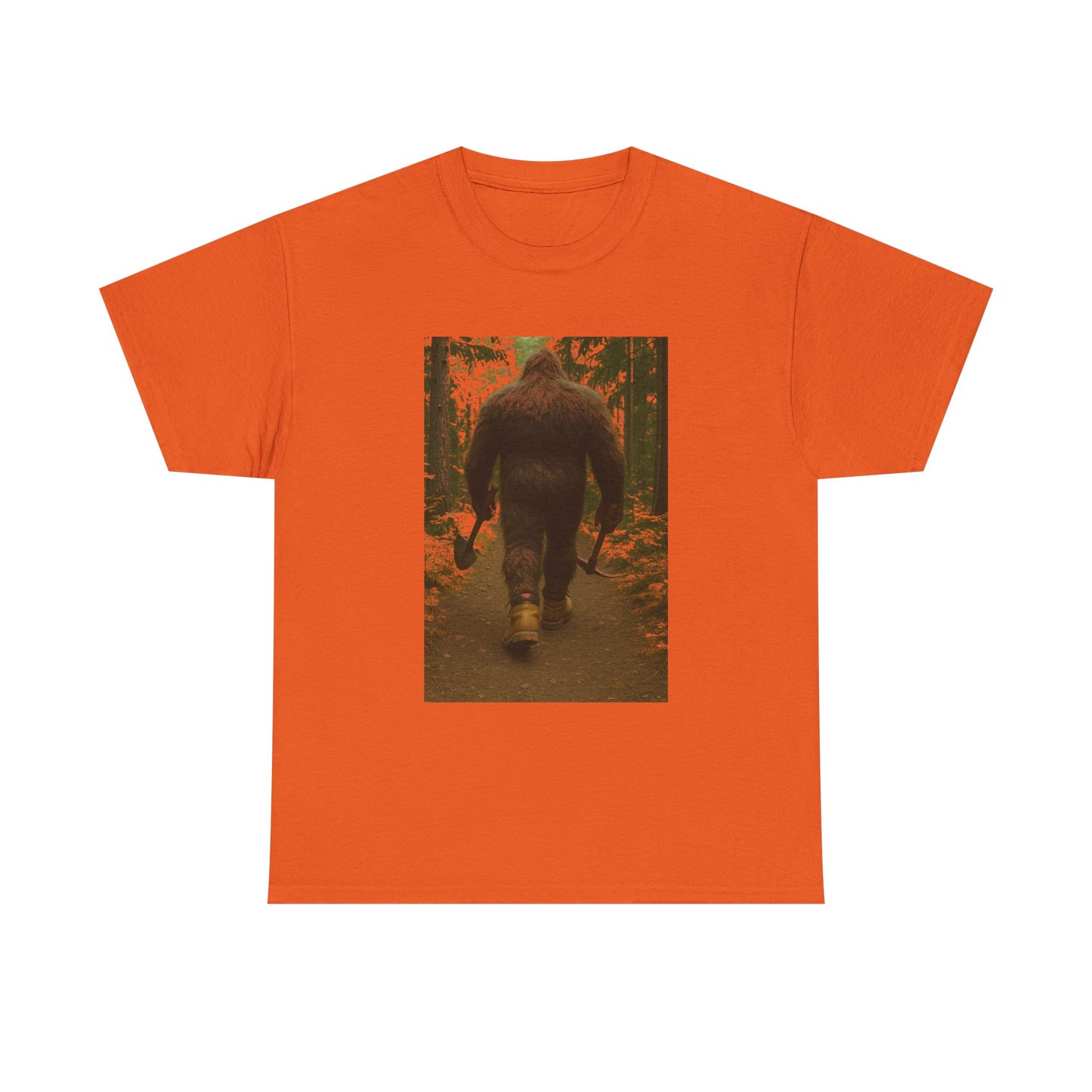 Sasquatch Work Boots Tee – Bigfoot Walking with Shovel & Pickaxe Funny T-Shirt