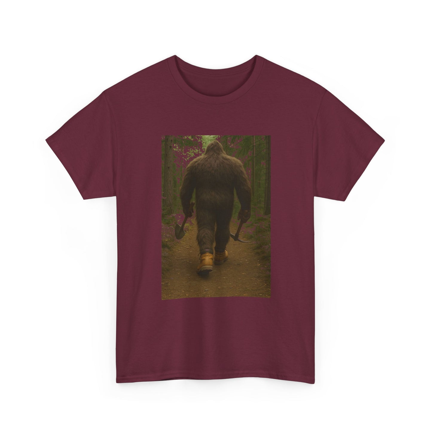 Sasquatch Work Boots Tee – Bigfoot Walking with Shovel & Pickaxe Funny T-Shirt