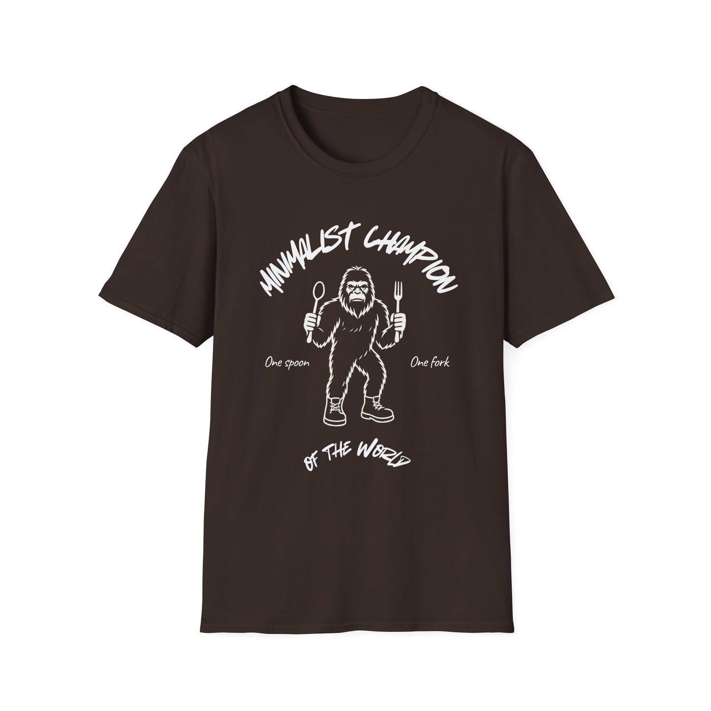 Minimalist Champion T-Shirt – ‘One Spoon One Fork’ Sasquatch Graphic