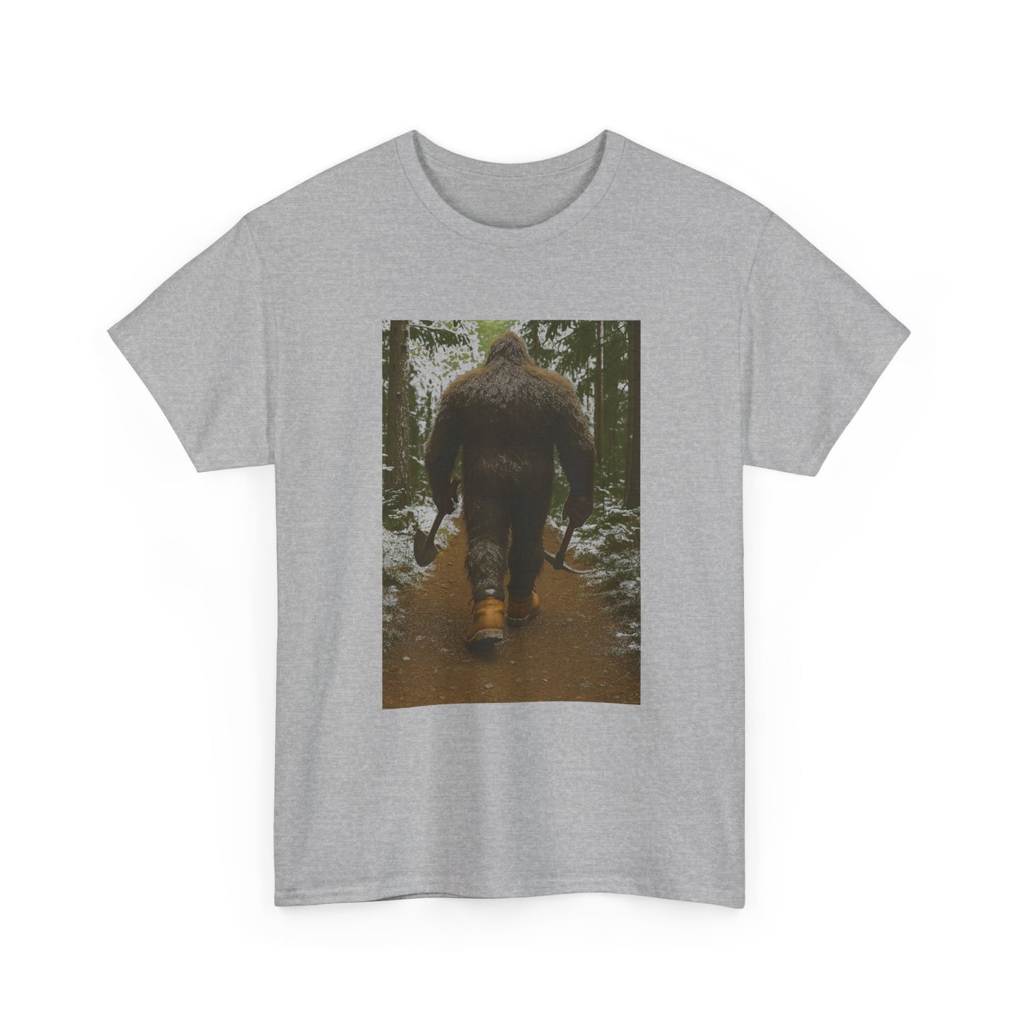 Sasquatch Work Boots Tee – Bigfoot Walking with Shovel & Pickaxe Funny T-Shirt