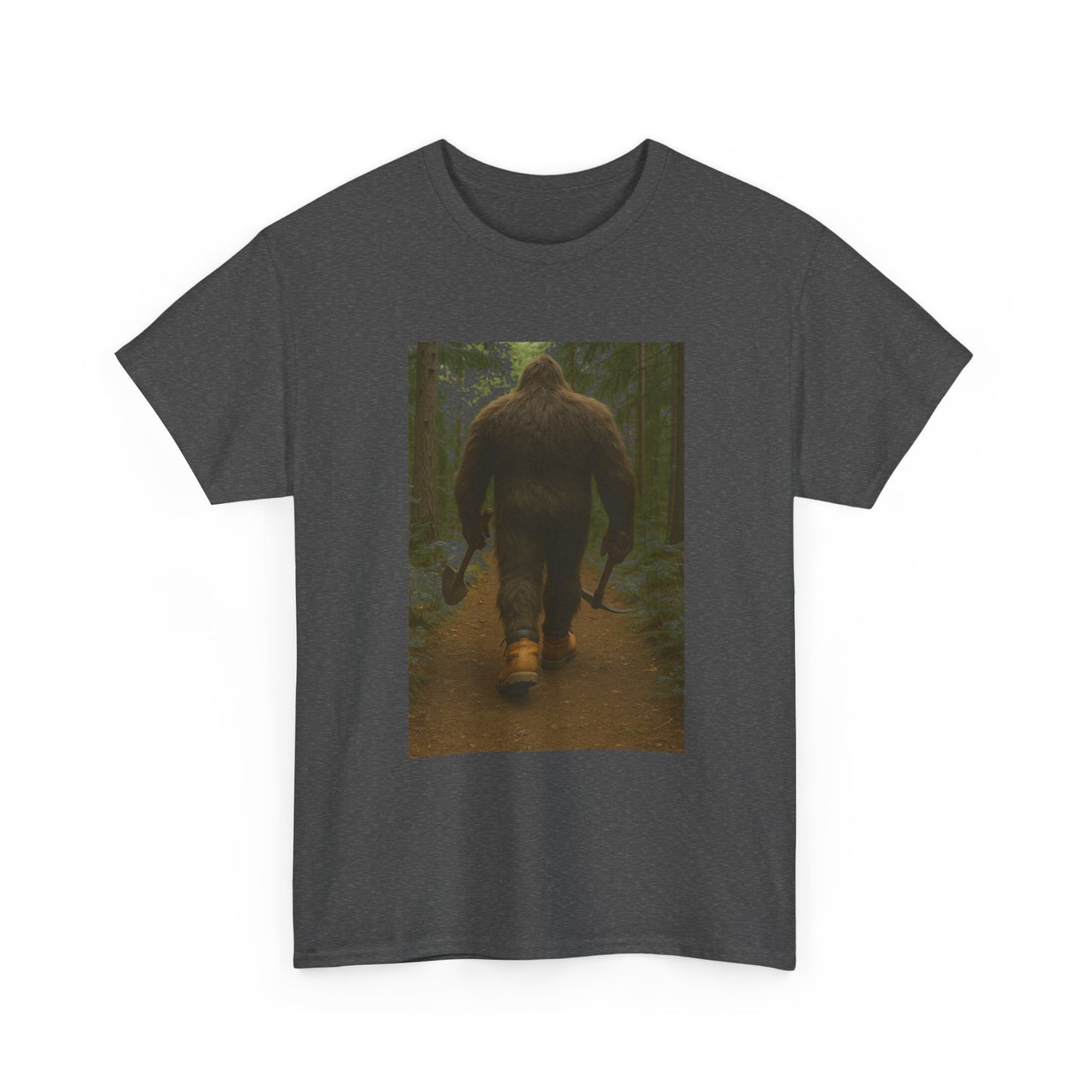 Sasquatch Work Boots Tee – Bigfoot Walking with Shovel & Pickaxe Funny T-Shirt