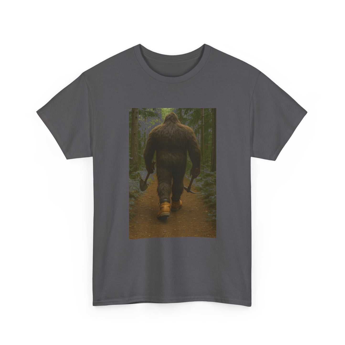 Sasquatch Work Boots Tee – Bigfoot Walking with Shovel & Pickaxe Funny T-Shirt
