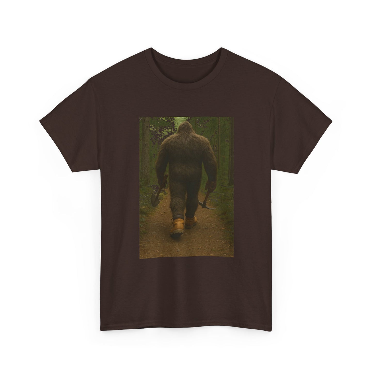 Sasquatch Work Boots Tee – Bigfoot Walking with Shovel & Pickaxe Funny T-Shirt