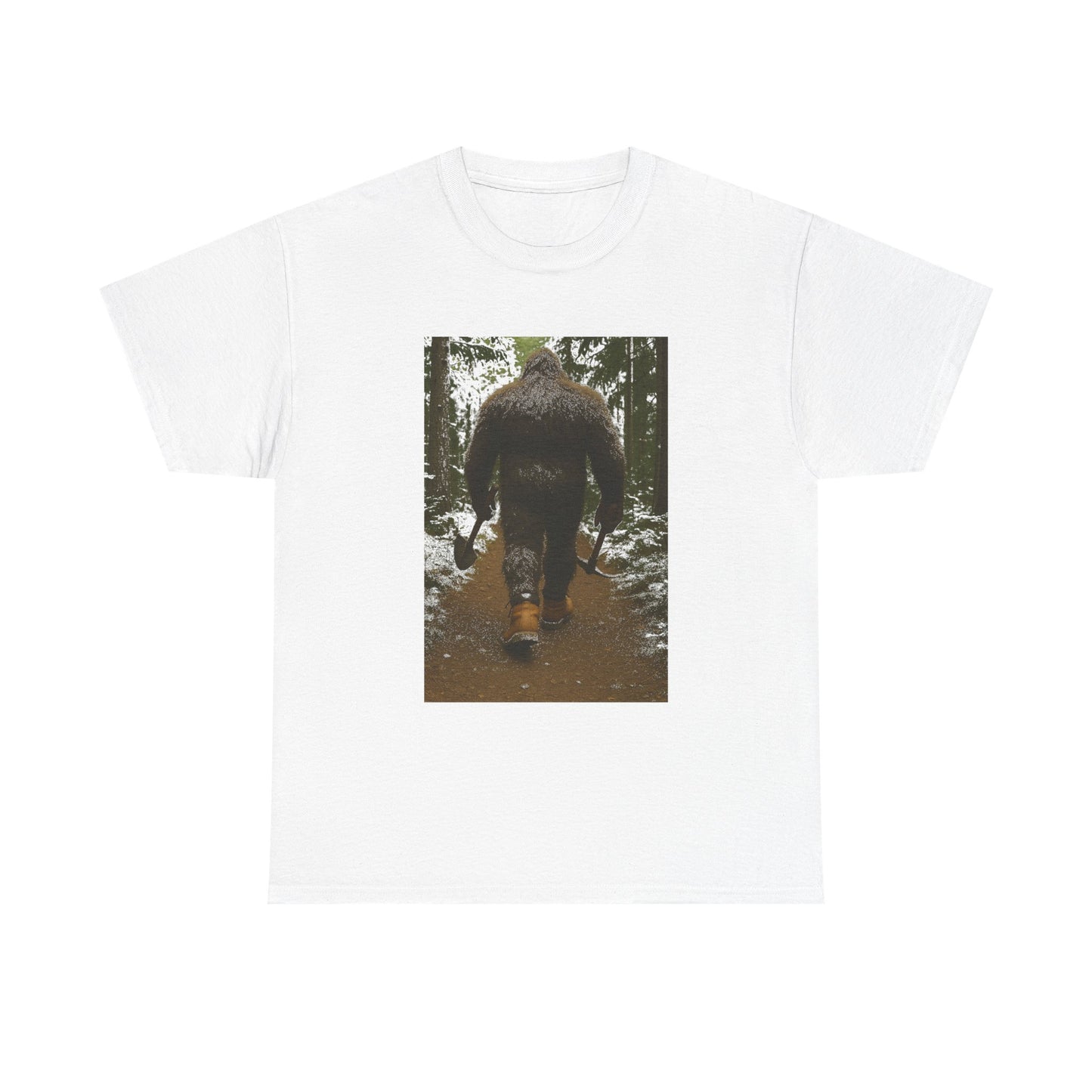 Sasquatch Work Boots Tee – Bigfoot Walking with Shovel & Pickaxe Funny T-Shirt