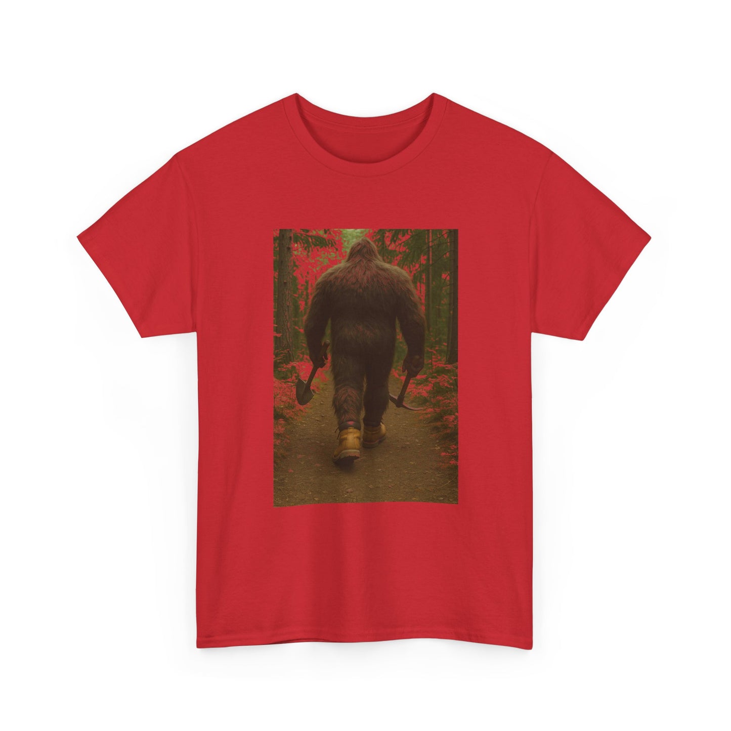 Sasquatch Work Boots Tee – Bigfoot Walking with Shovel & Pickaxe Funny T-Shirt