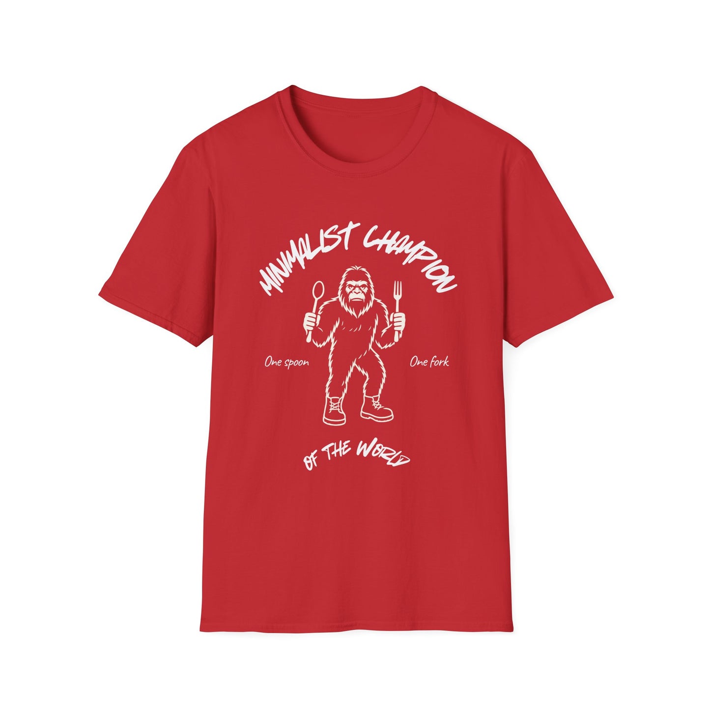 Minimalist Champion T-Shirt – ‘One Spoon One Fork’ Sasquatch Graphic