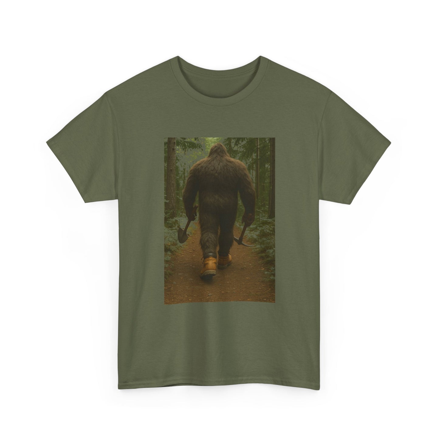 Sasquatch Work Boots Tee – Bigfoot Walking with Shovel & Pickaxe Funny T-Shirt