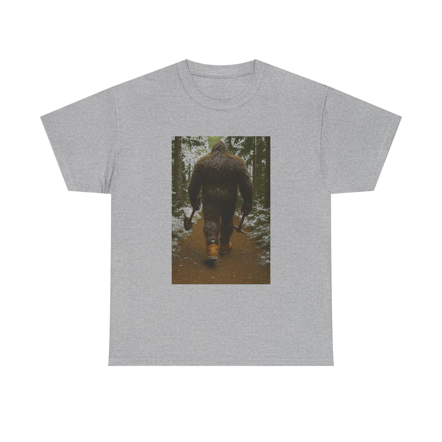 Sasquatch Work Boots Tee – Bigfoot Walking with Shovel & Pickaxe Funny T-Shirt