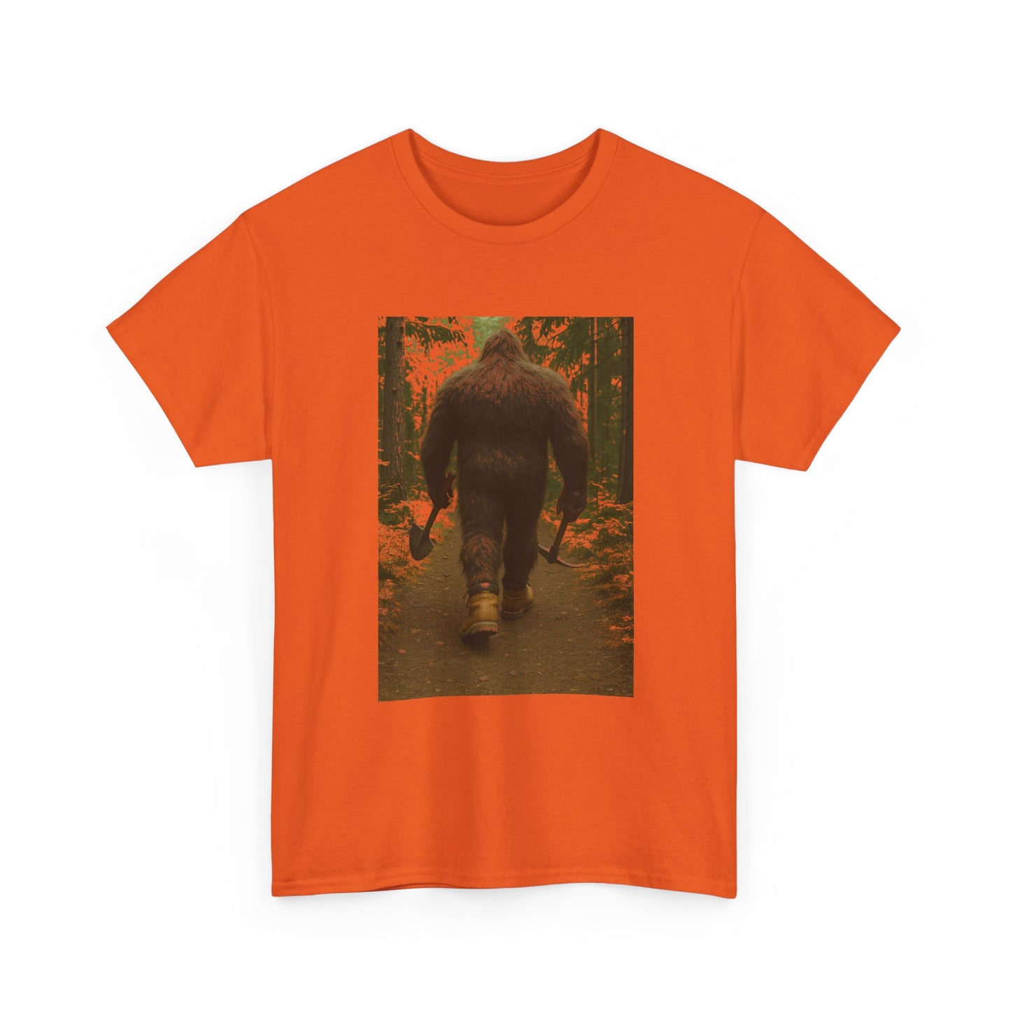 Sasquatch Work Boots Tee – Bigfoot Walking with Shovel & Pickaxe Funny T-Shirt