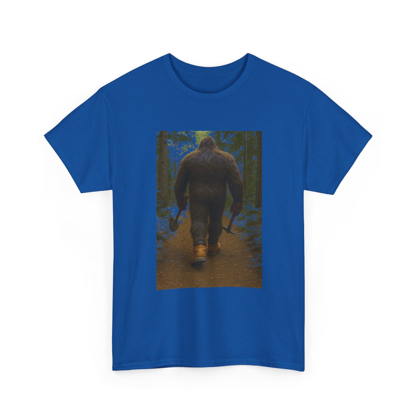 Sasquatch Work Boots Tee – Bigfoot Walking with Shovel & Pickaxe Funny T-Shirt