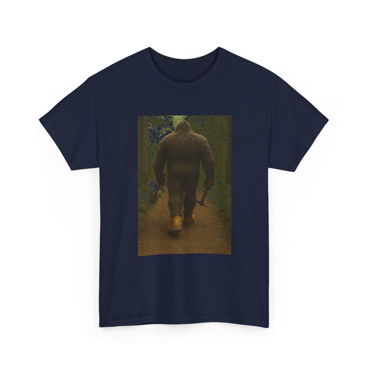 Sasquatch Work Boots Tee – Bigfoot Walking with Shovel & Pickaxe Funny T-Shirt