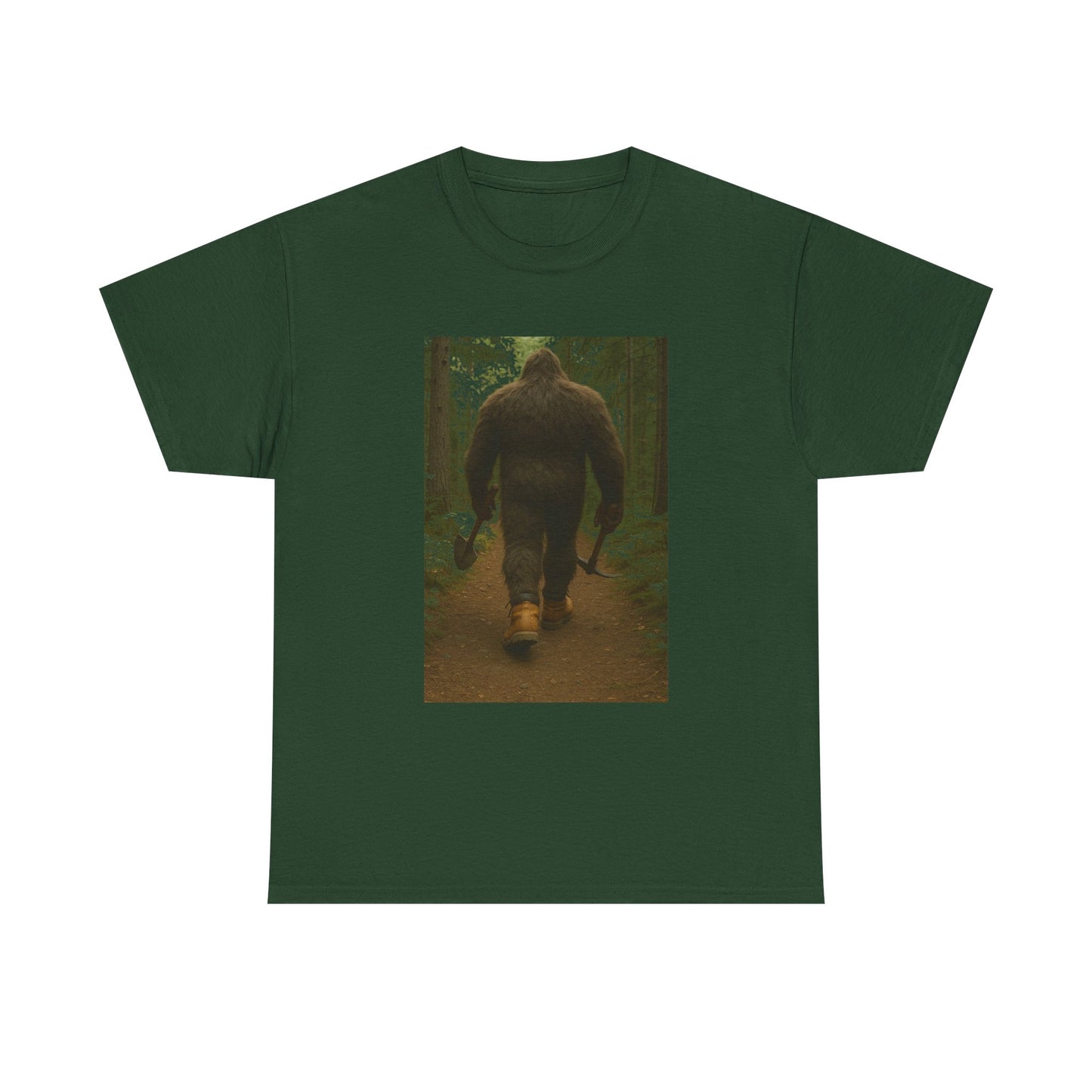 Sasquatch Work Boots Tee – Bigfoot Walking with Shovel & Pickaxe Funny T-Shirt