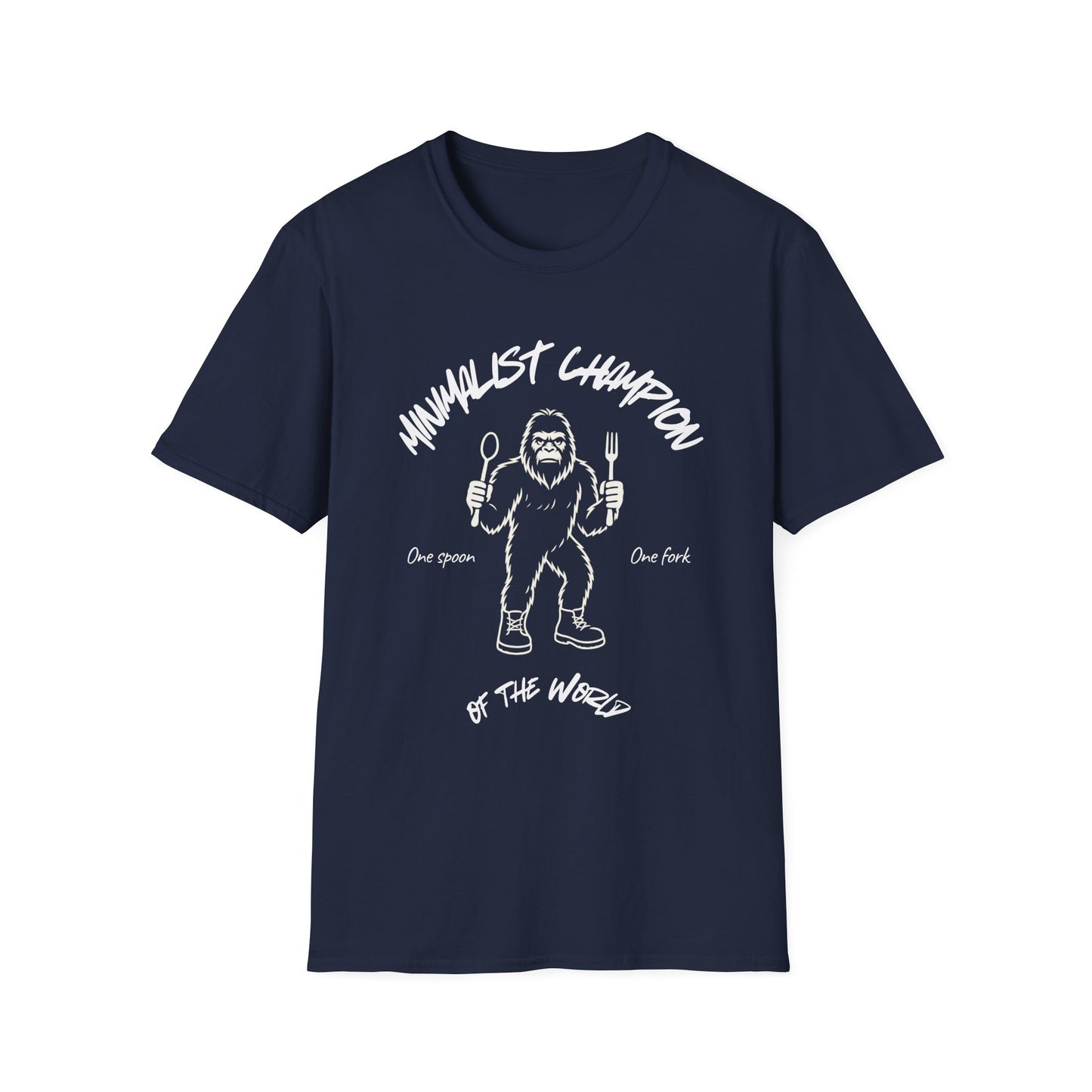 Minimalist Champion T-Shirt – ‘One Spoon One Fork’ Sasquatch Graphic