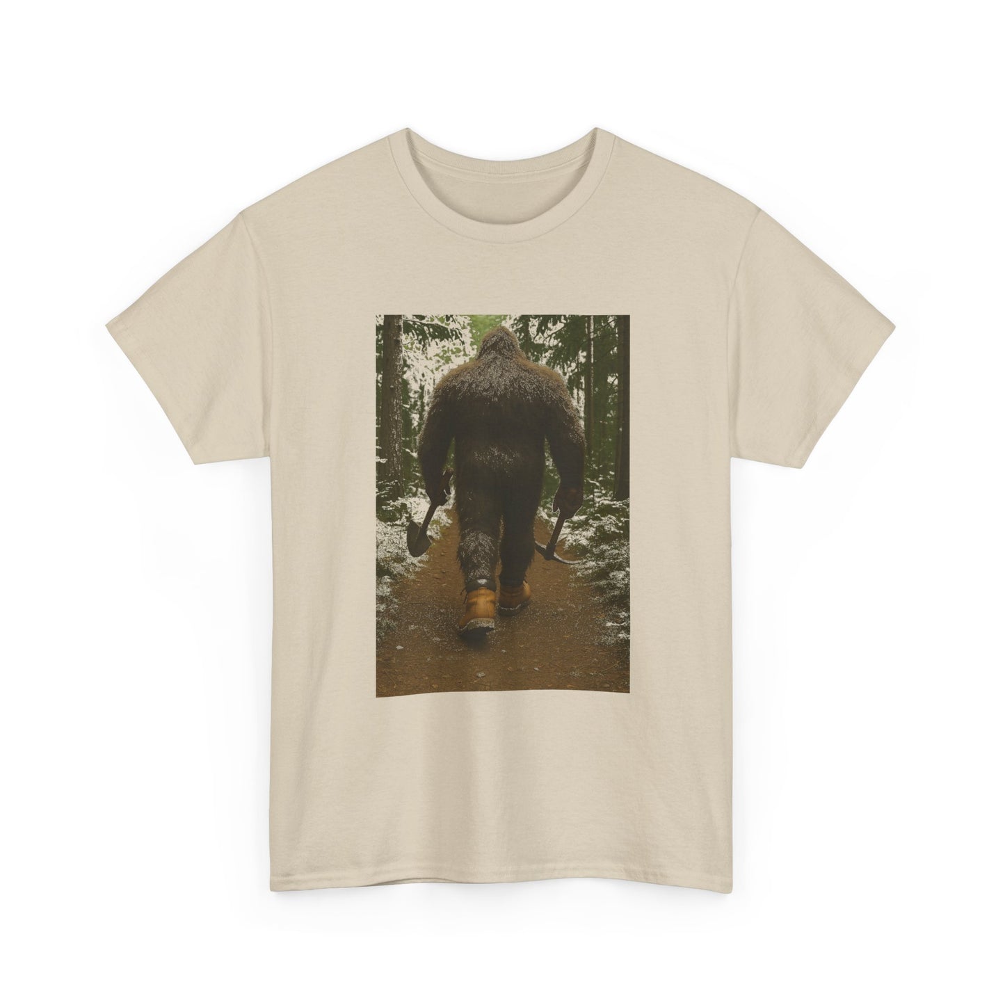 Sasquatch Work Boots Tee – Bigfoot Walking with Shovel & Pickaxe Funny T-Shirt