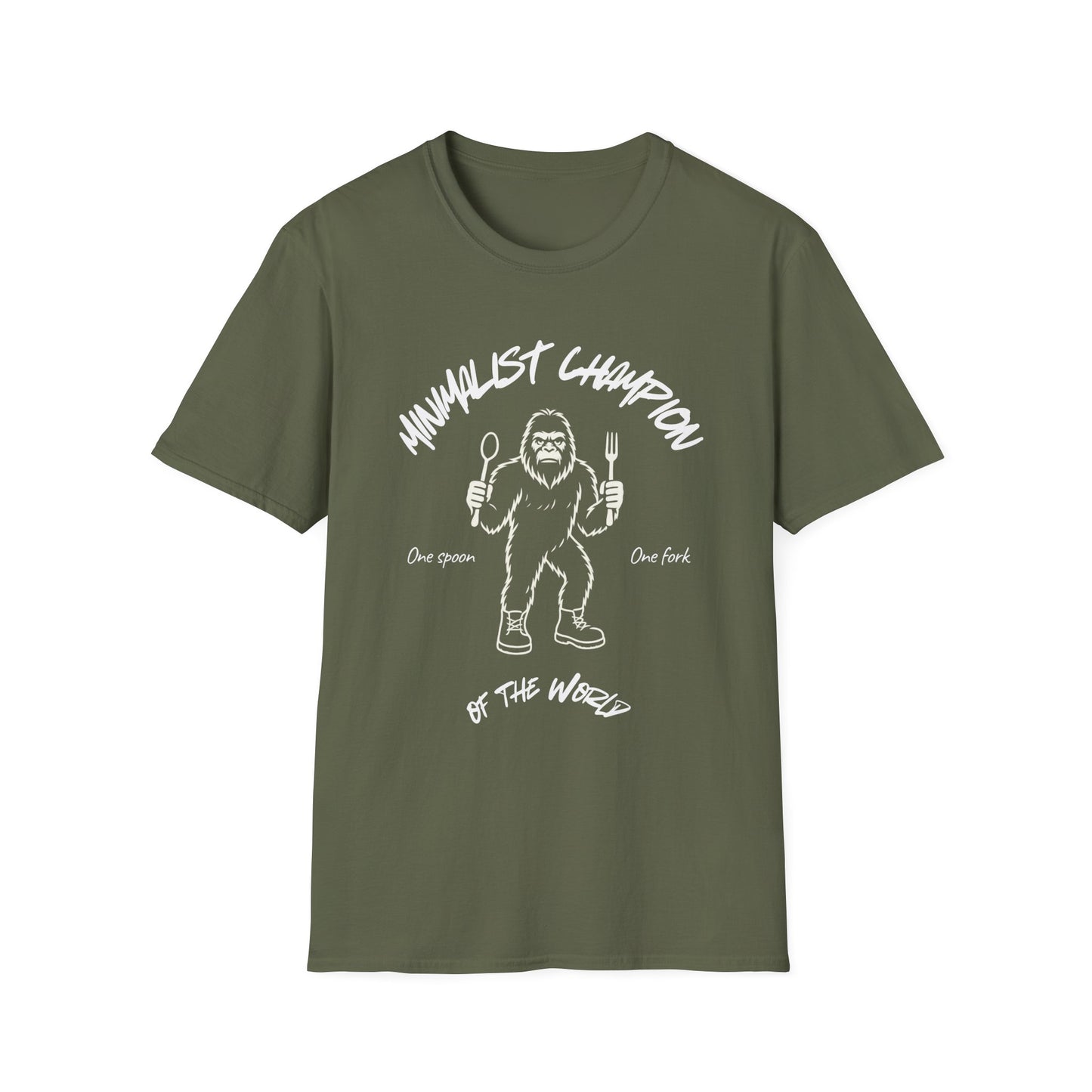 Minimalist Champion T-Shirt – ‘One Spoon One Fork’ Sasquatch Graphic