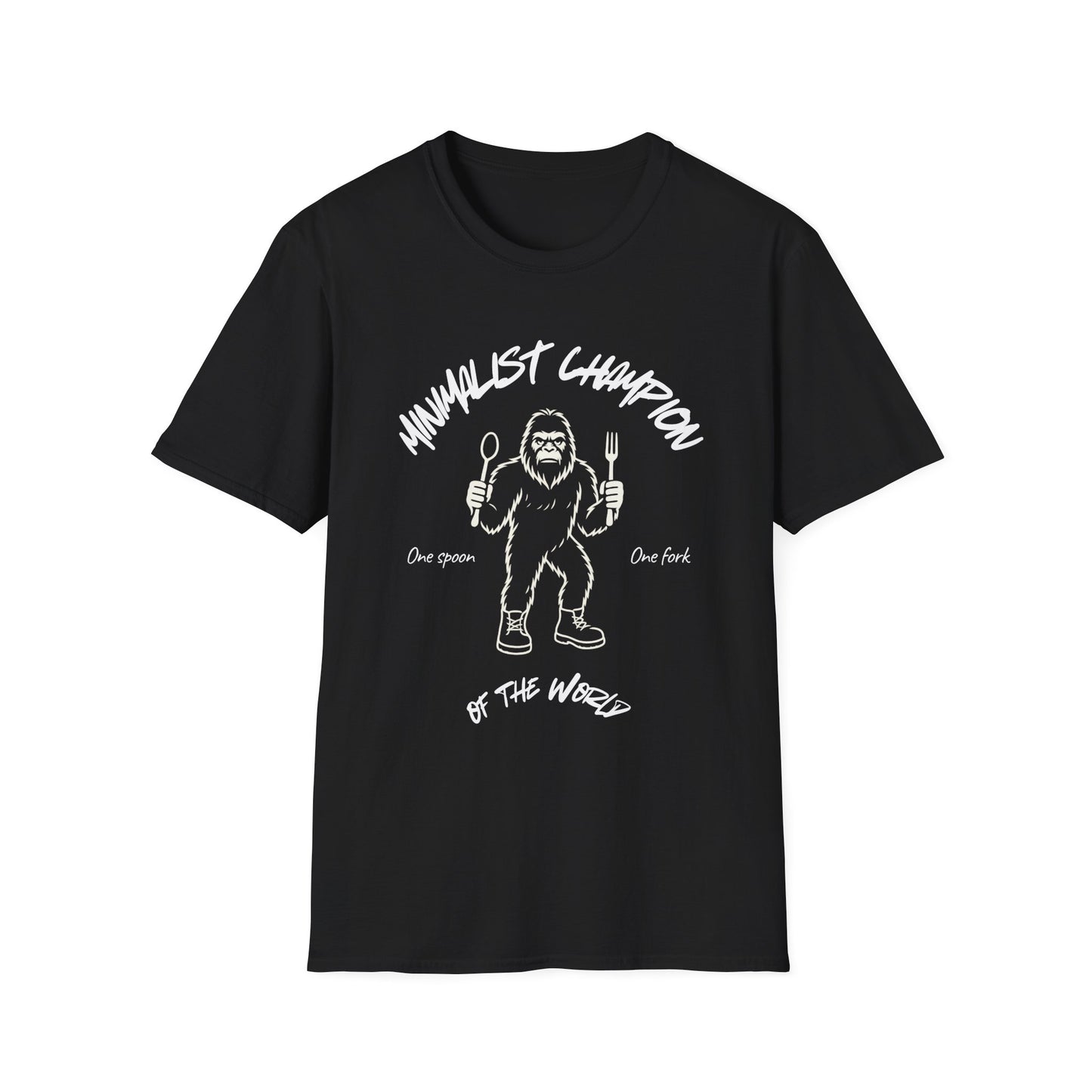 Minimalist Champion T-Shirt – ‘One Spoon One Fork’ Sasquatch Graphic